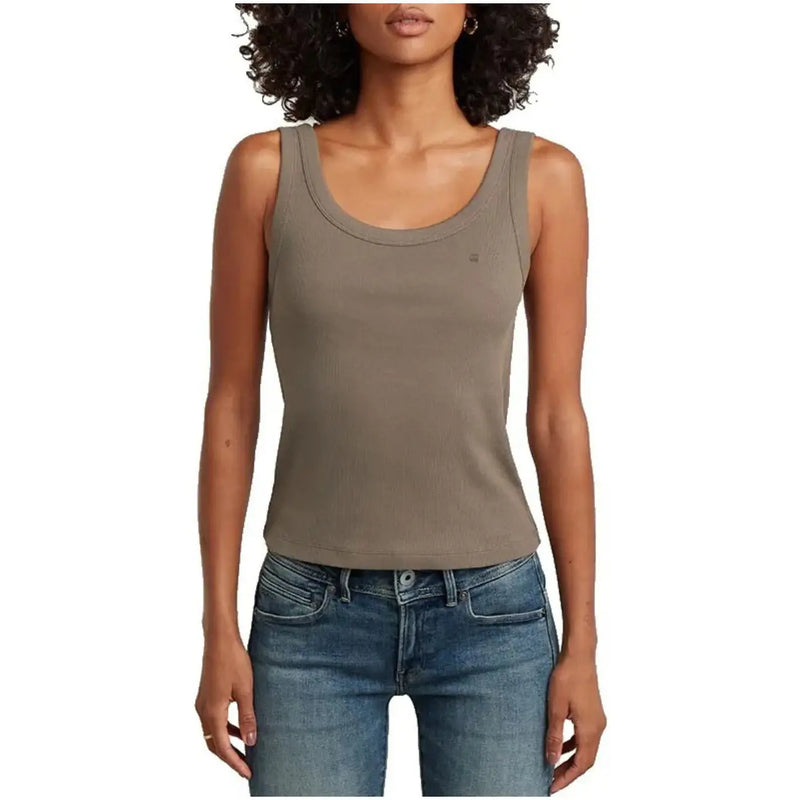 G-star women olive green ribbed cotton tank top with rounded neckline and subtle left chest branding