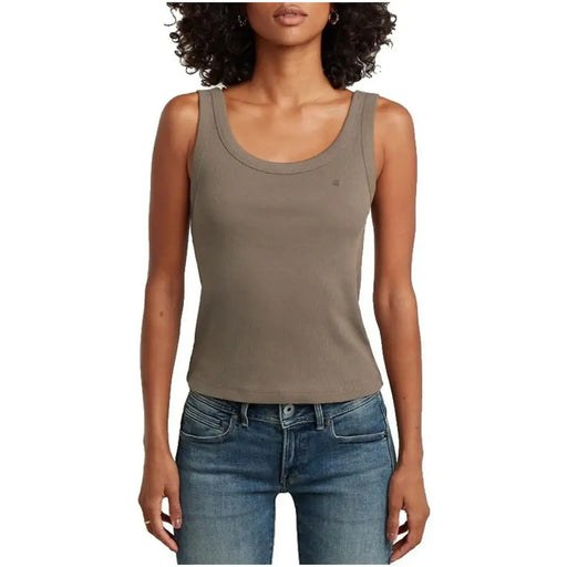 G-star women olive green ribbed cotton tank top with rounded neckline and subtle left chest branding