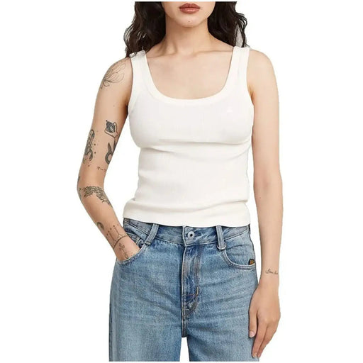 White ribbed cotton tank top with square neckline and sleeveless design from G-star women collection