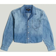 G-Star women’s light blue cotton blazer featuring medium-wash denim, classic collar, button closure, and chest pocket