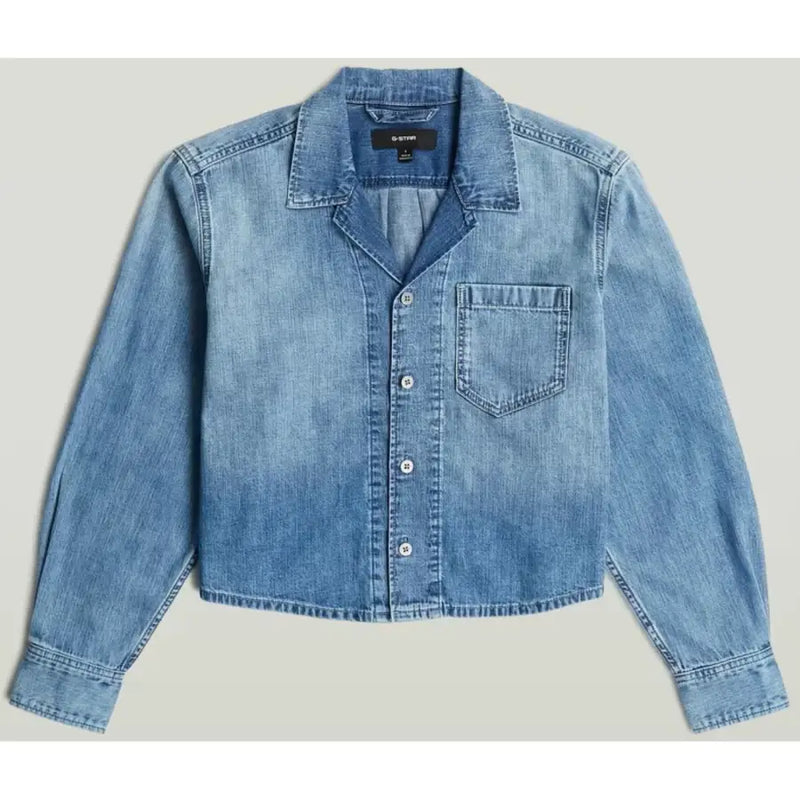 G-Star women’s light blue cotton blazer featuring medium-wash denim, classic collar, button closure, and chest pocket