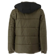 Olive green quilted puffer jacket with black hood by Gaelle Paris designed for men