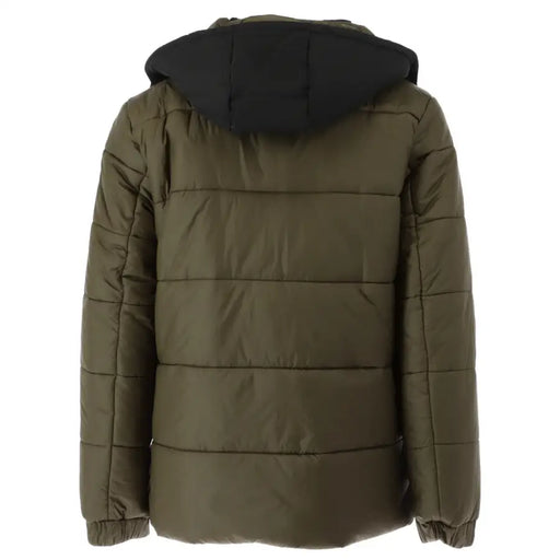Olive green quilted puffer jacket with black hood by Gaelle Paris designed for men
