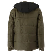 Olive green quilted puffer jacket with black hood by Gaelle Paris designed for men