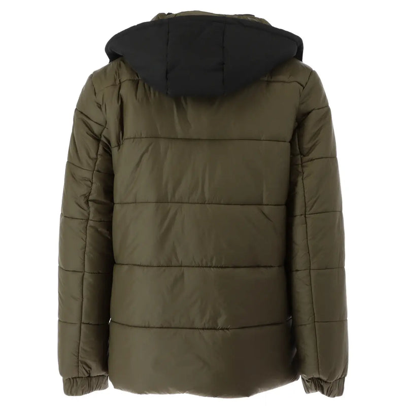 Olive green quilted puffer jacket with black hood by Gaelle Paris designed for men