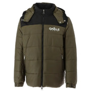 Olive green and black quilted puffer jacket with hood and gaelle paris logo on chest for men