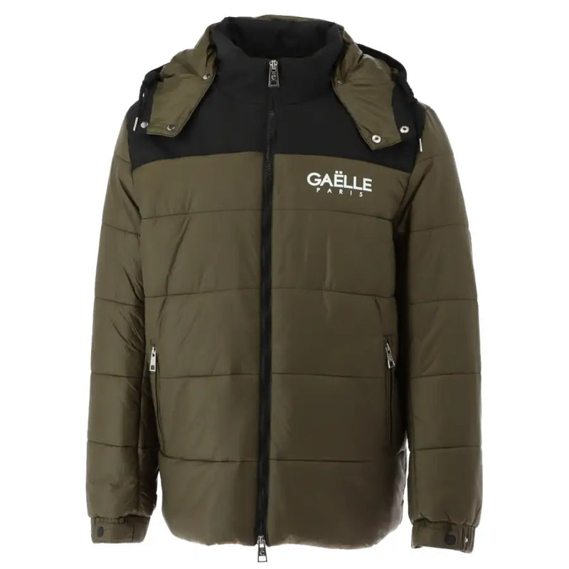 Olive green and black quilted puffer jacket with hood and gaelle paris logo on chest for men
