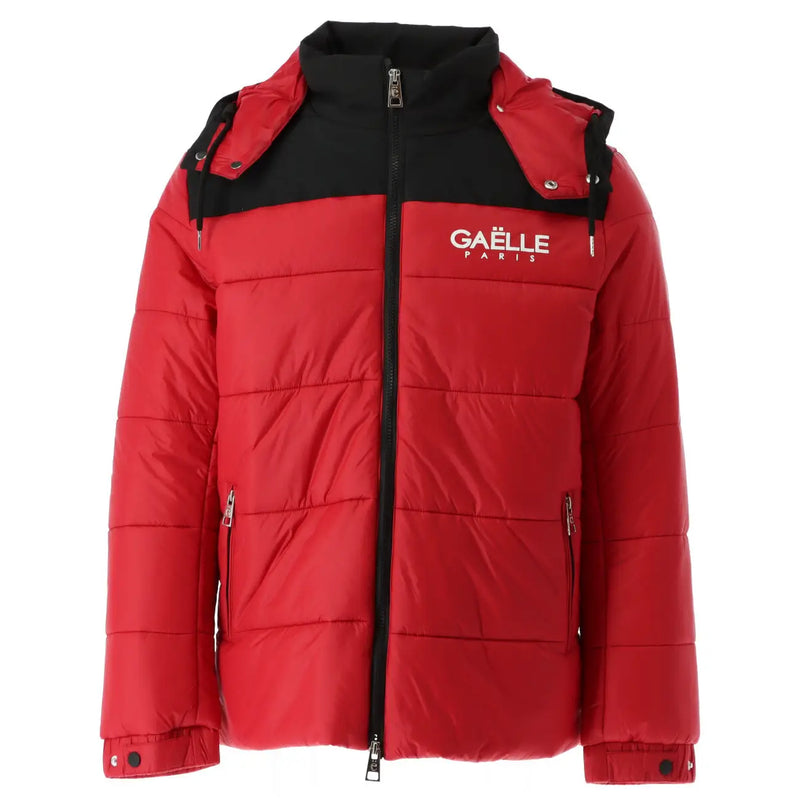 Red and black quilted polyester puffer jacket with hood and gaelle paris logo on chest for men gbu2520