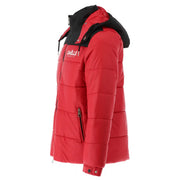 Gaelle Paris men red quilted polyester puffer jacket with black hood trim and logo on chest zip closure