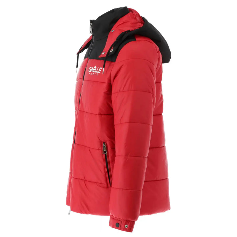 Gaelle Paris men red quilted polyester puffer jacket with black hood trim and logo on chest zip closure