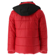 Red quilted polyester puffer jacket with black hood from gaelle paris for men zip closure model gbu2520