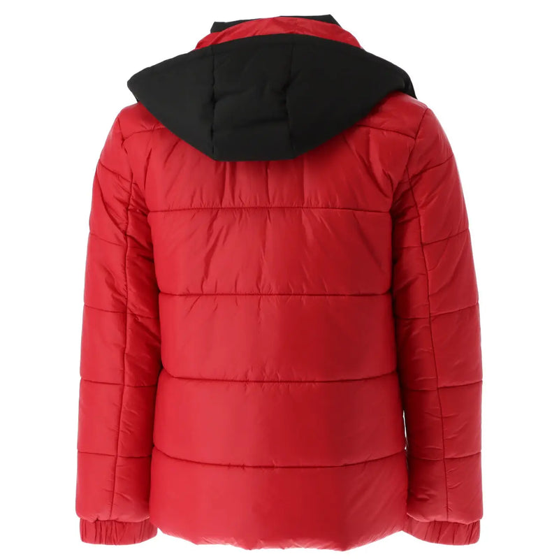 Red quilted polyester puffer jacket with black hood from gaelle paris for men zip closure model gbu2520