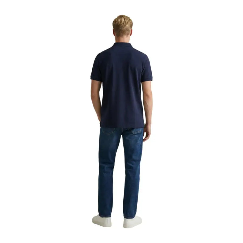 Navy blue short sleeve cotton pique polo shirt for men by Gant ideal for casual and semi-formal wear