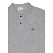 Gray heathered gant men polo shirt with classic collar, button placket, cotton stretch, short sleeve, and embroidered shield logo