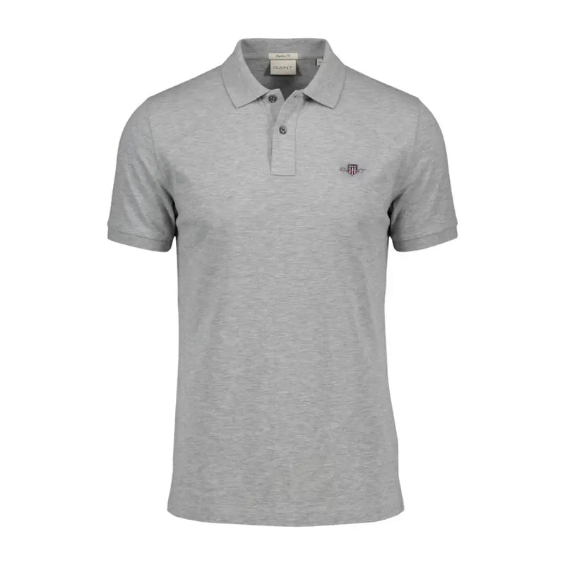 A heather gray gant men polo shirt in cotton stretch with a classic collar short sleeves and embroidered logo on chest