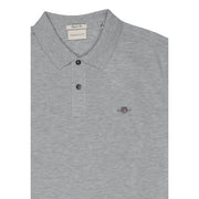 Gray heathered gant men polo shirt with classic collar, button placket, cotton stretch, short sleeve, and embroidered shield logo