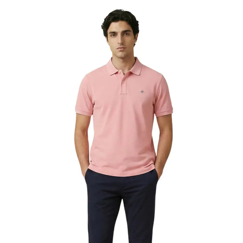 Gant men polo shirt in soft pink cotton stretch with classic collar short sleeves and embroidered logo on left chest