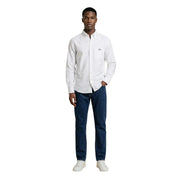 White long-sleeved Gant men shirt with subtle embroidered logo on left chest made from high-quality fabric