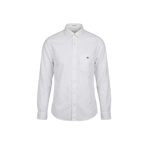 White long-sleeved cotton shirt by Gant featuring a subtle embroidered logo on the left chest for men