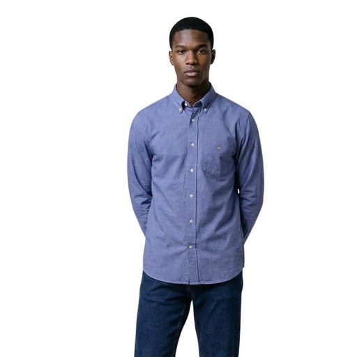 Gant men shirt white long sleeve classic cotton featuring a solid blue textured fabric with subtle weave details