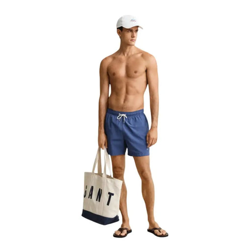 Gant Herren-Bademode, hellblaue Polyamid-Boardshorts mit weißem Kordelzug und elastischem Bund
