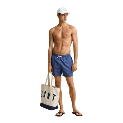 Gant men swimwear light blue polyamide board shorts featuring white drawstring and elastic waistband