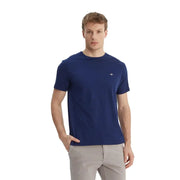 T-shirt bleu marine à manches courtes et col rond pour homme, 100 % coton, avec un petit logo blanc brodé.