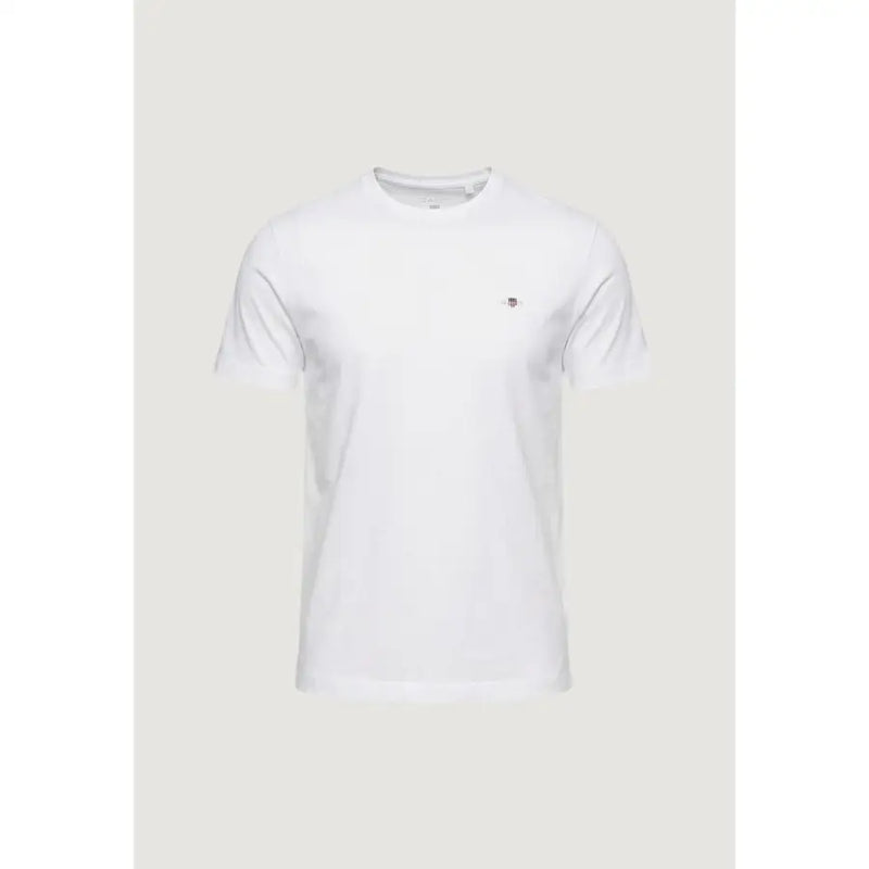 T-shirt homme Gant blanc, col rond, manches courtes, 100 % coton, avec petit logo brodé sur la poitrine gauche.