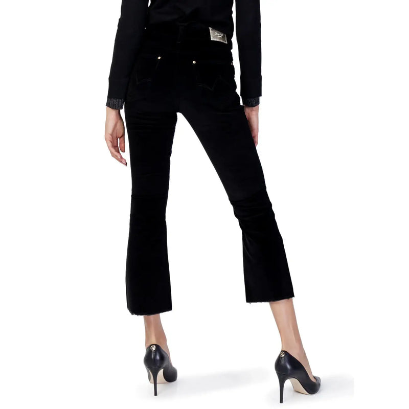 Gaudi jeans women black cotton flare velvet trousers with cropped slightly frayed hem style 221BD25010