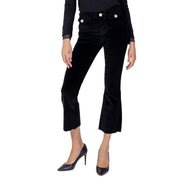 Black velvet flare pants with gold-tone buttons at the waist by Gaudi Jeans women black cotton trousers 221BD25010