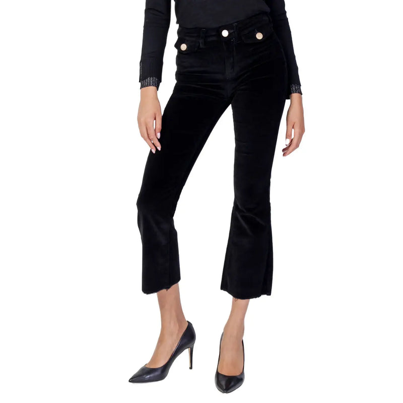 Black velvet flare pants with gold-tone buttons at the waist by Gaudi Jeans women black cotton trousers 221BD25010