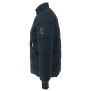 Gaudì men’s dark navy puffer jacket with quilted panels zip pockets and circular logo patch on left sleeve