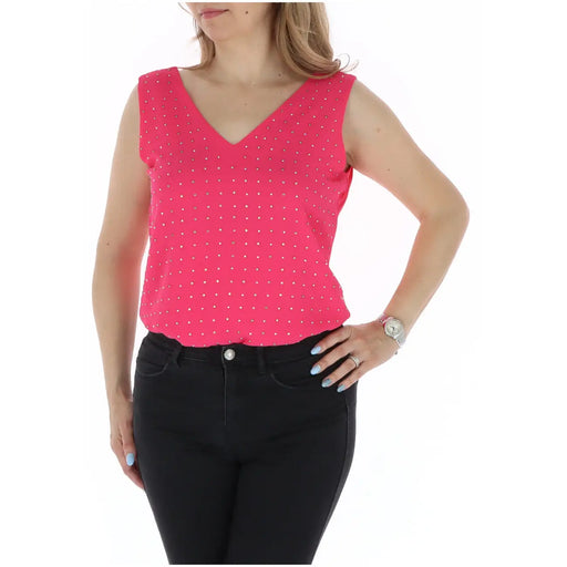 A vibrant fuchsia Gaudì women tank top with v neck, sleeveless design, viscose fabric, and white polka dots