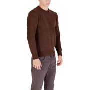 Brown crew neck sweater with ribbed cuffs and hem, likely made of cotton or wool.
