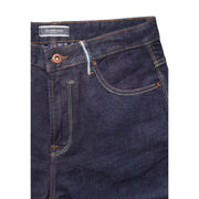 Gianni Lupo Karottenfarbene Jeans für Herren in Dunkelindigo mit hellen Nähten und braunem Metallknopf, Vorderansicht