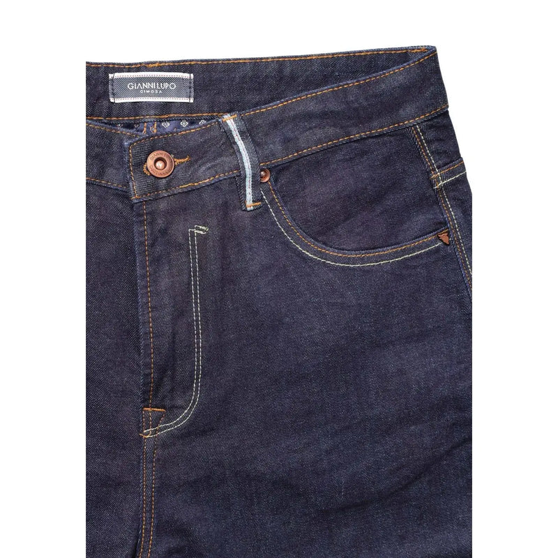 Gianni Lupo Karottenfarbene Jeans für Herren in Dunkelindigo mit hellen Nähten und braunem Metallknopf, Vorderansicht