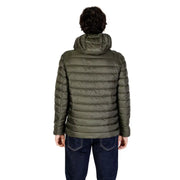 Olive green puffer jacket with hood and quilted design, likely made of synthetic material.