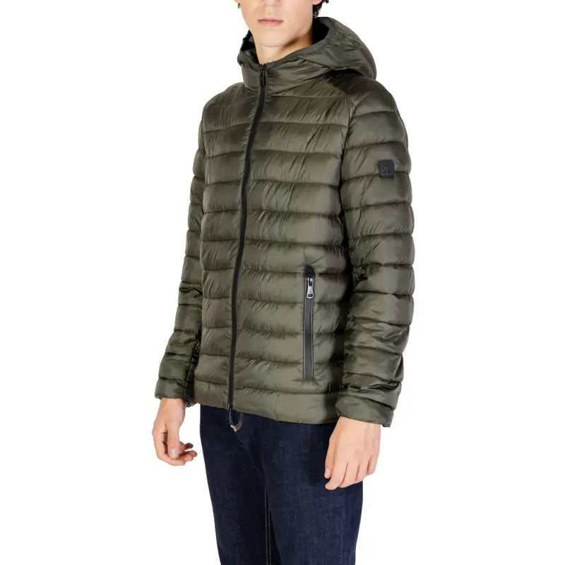 Olive green puffer jacket with hood and zipper details, likely made of synthetic material.