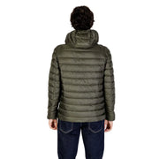 Olive green puffer jacket with hood and zipper details, likely made of synthetic material.