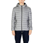 Light gray puffer jacket with hood and zipper, made of synthetic material.