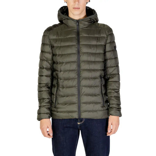 Olive green quilted down jacket with hood and zipper details.