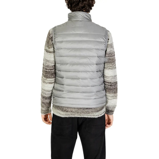Gianni Lupo grey polyamide sleeveless gilet featuring a quilted puffer design with a high collar and horizontal stitching