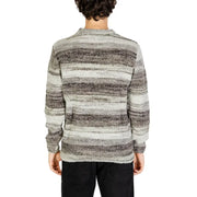 Striped sweater with a mix of gray and black colors, made from soft wool material.