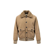 Gianni Lupo Beigefarbener Herren-Bomberblazer aus Kunstleder in hellbraunem Canvas mit plüschigem braunem Shearling-Kragen und gerippten Bündchen