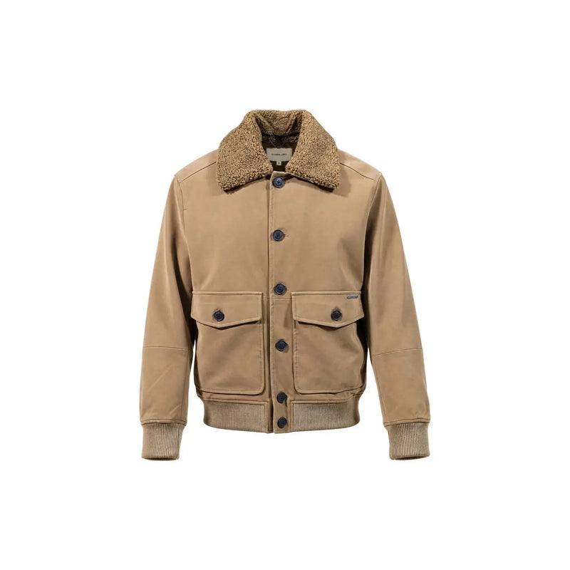 Gianni Lupo Beigefarbener Herren-Bomberblazer aus Kunstleder in hellbraunem Canvas mit plüschigem braunem Shearling-Kragen und gerippten Bündchen