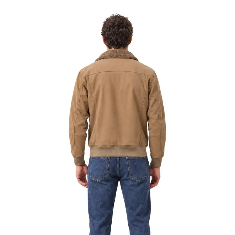 Gianni Lupo Beigefarbener Herren-Bomberblazer aus Kunstleder mit hellbraunem Shearling-Futter und gerippten Bündchen in klassischer Silhouette