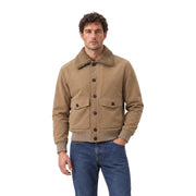 Gianni Lupo Beigefarbener Herren-Bomberblazer aus Kunstleder mit hellbraunem Cord-Jackenbesatz und flauschigem, braunem Shearling-Kragen
