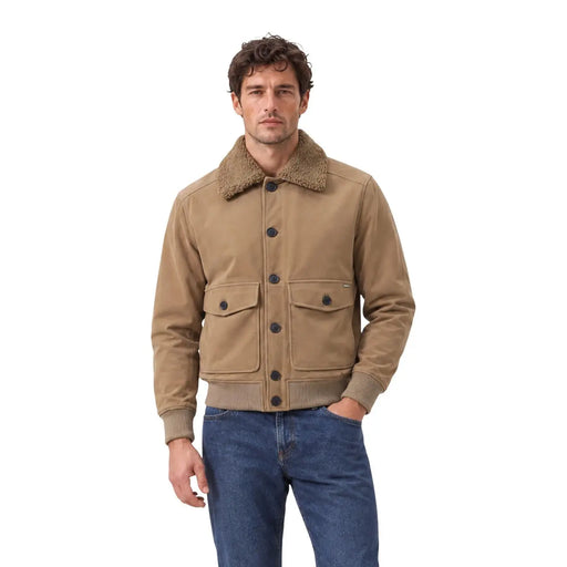 Gianni Lupo Blazer bomber beige pour homme en similicuir, style veste en velours côtelé beige, avec col en peau lainée marron.