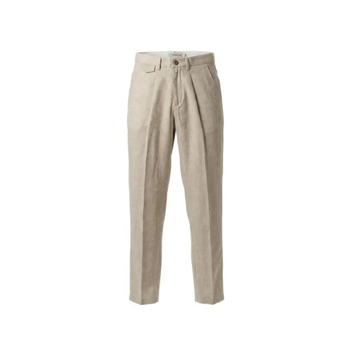 Gianni Lupo men beige linen trousers with pleated chino design button closure and belt loops for spring summer