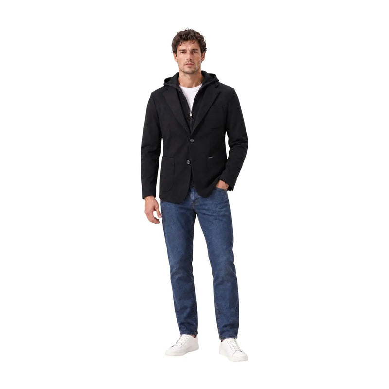 Gianni lupo Schwarzer Herren-Strickblazer mit Kapuze, Reißverschluss, elegantem, modernem Design und dezenten Knopfdetails